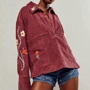We The Free Burgundy Embroidered Corduroy Pullover